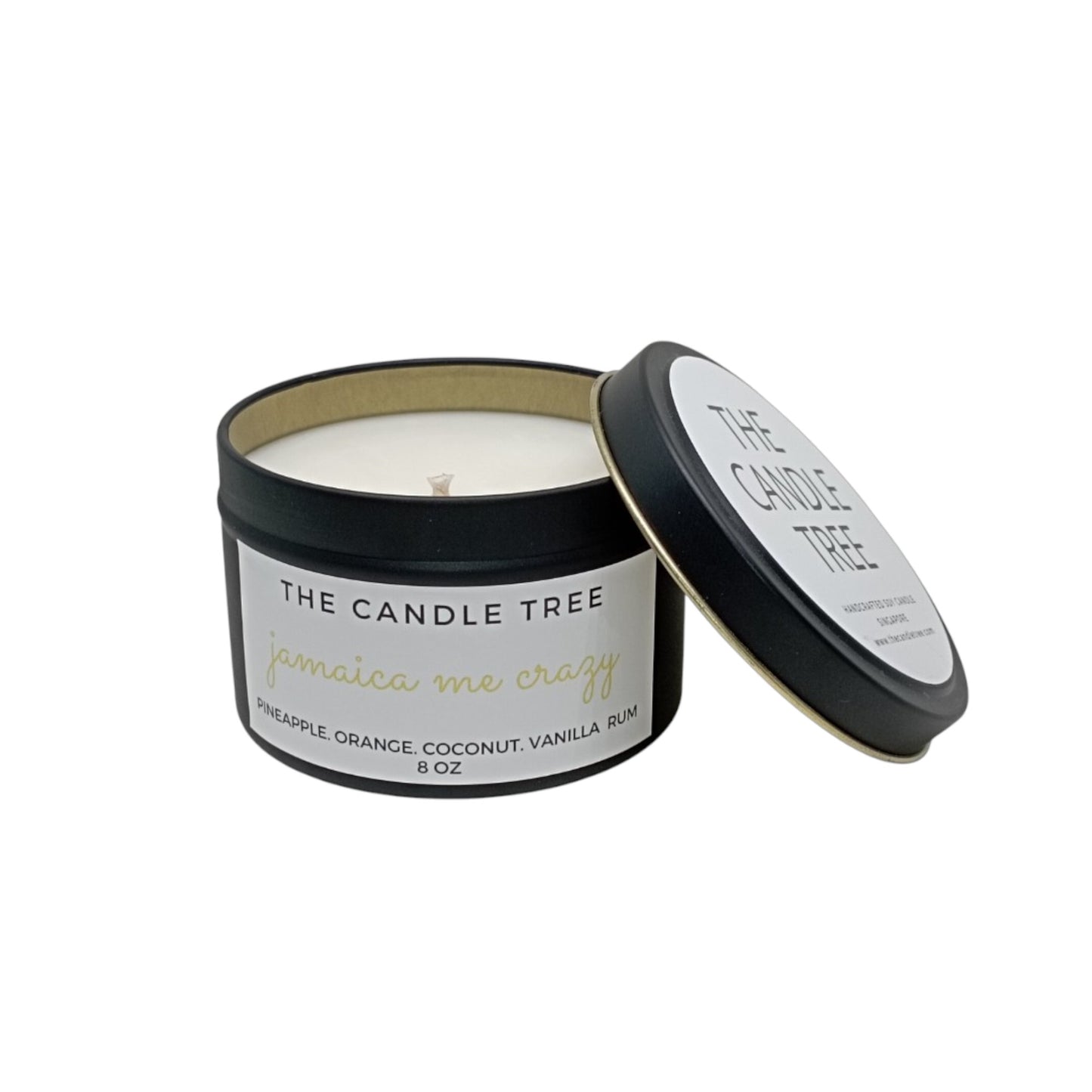 Candle in a black container with 'The Candle Tree' branding on a white background scented with 'Jamaica Me Crazy'. Size 8oz